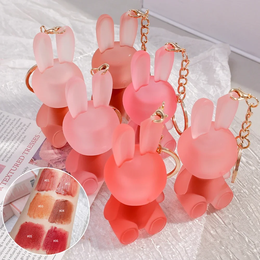 Pink Rabbit Keychain Matte Lip Gloss Lasting Moisturizing Non-Stick Cup Velvet Lip Mud Sexy Red Brown Liquid Lipsticks Cosmetics 6