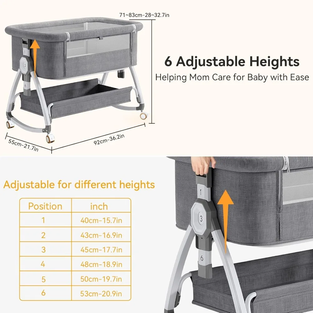 Baby Bassinet 4-in-1 Convertible Bedside Crib, with Mosquito Net & Rocking Mode | 6 Adjustable Heights, Breathable Mesh 2