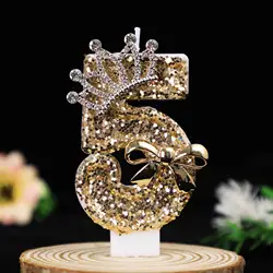 Gold Glitter Crown Number Birthday Candles with Rhinestone Bow - Elegant Cake Topper (5)