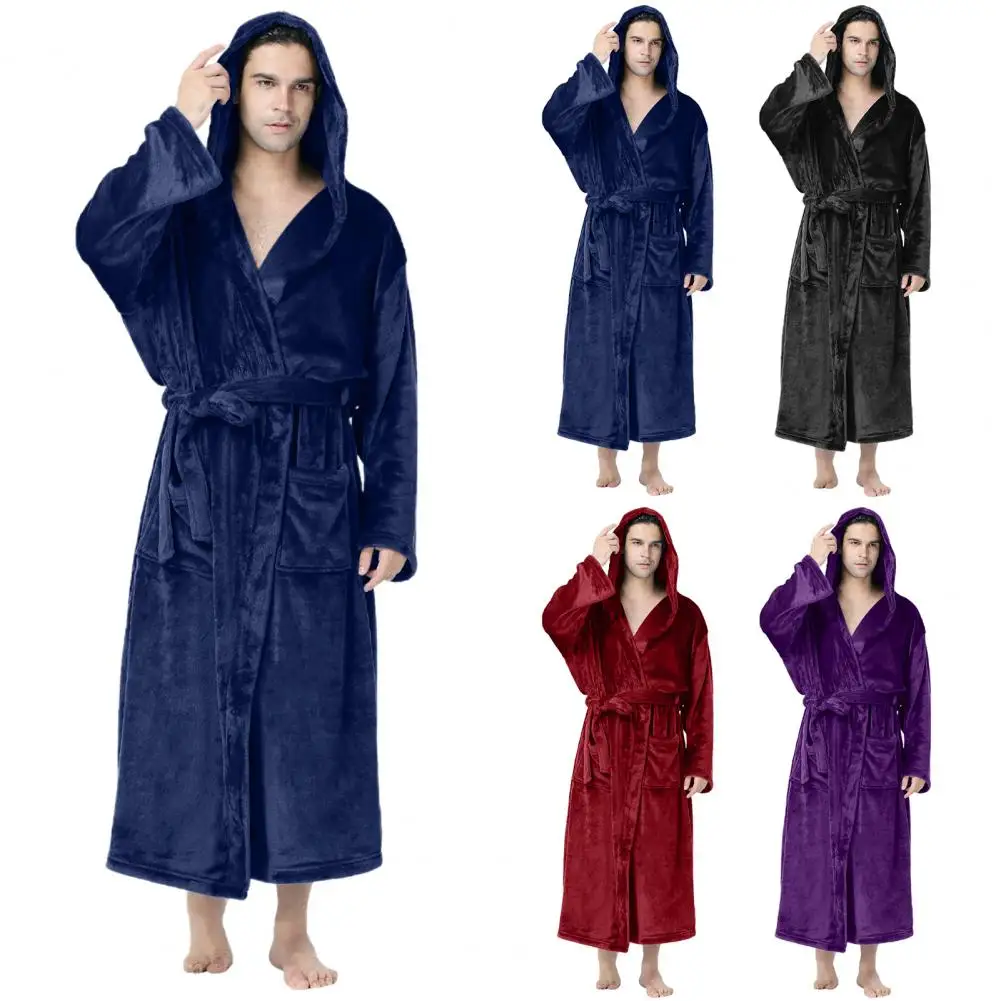 

Plush Bathrobe Cozy Plush Hooded Bathrobe Soft Stylish Nightgown for Autumn Winter Long-sleeved Warm Spa Robe with Pockets