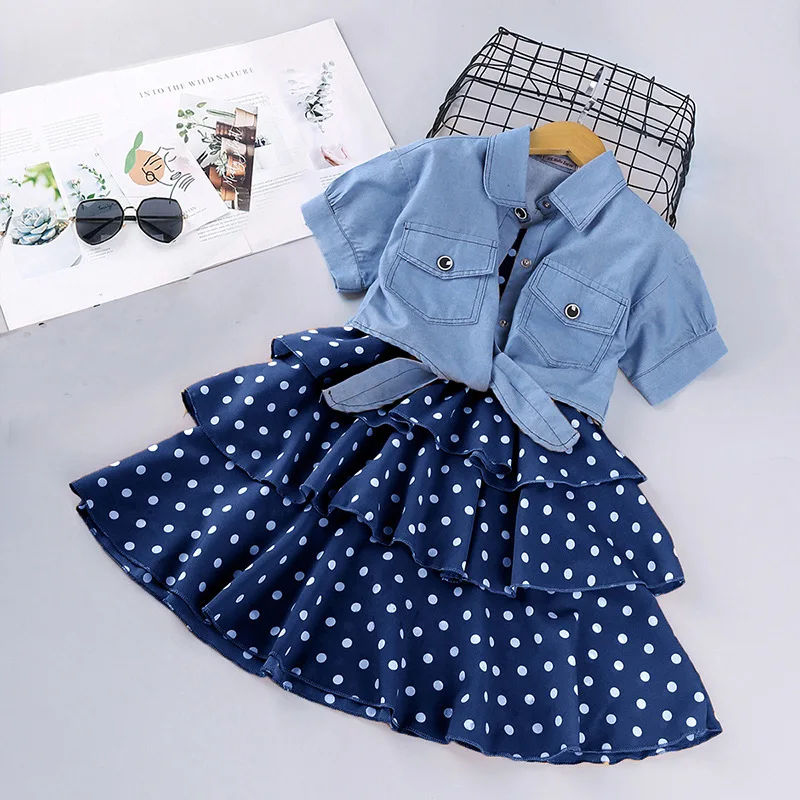 

2023 New Summer Girls Clothing Set Casual Short Denim Coat + Dot Sling Cake Dress 2Pcs Suit For Kids 3-12 Years Children Clothes