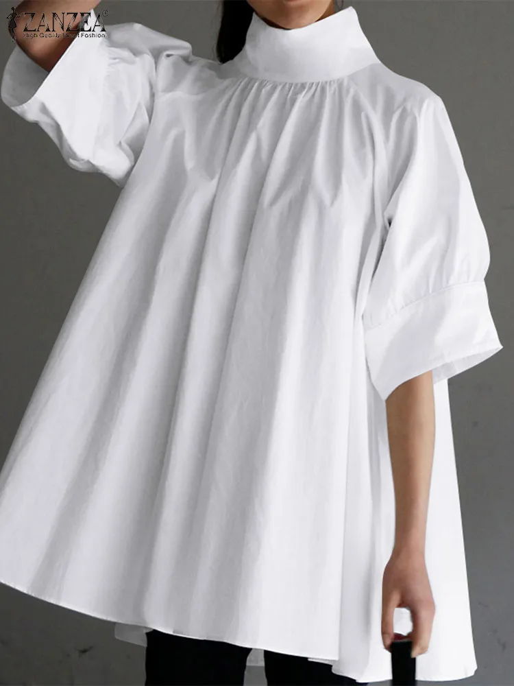 

Женская блузка с высоким воротником ZANZEA, модные летние топы, элегантная офисная рубашка, однотонные плиссированные блузы, туника, большие размеры