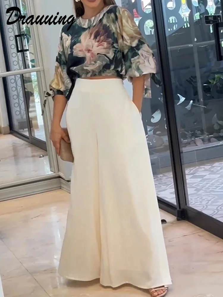 

D​rauuing Casual 2 Piece Sets Blouse Top And Pant Matching Sets Wide Leg Pant Women Loose Two Pieces Sets Elegant Outfist