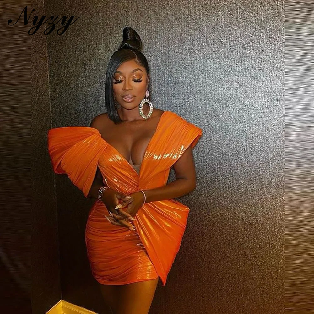 NYZY E527 Glittering Feather Sexy Orange Cocktail Dresses Africa Date Birthday Evening Party Gowns Customized