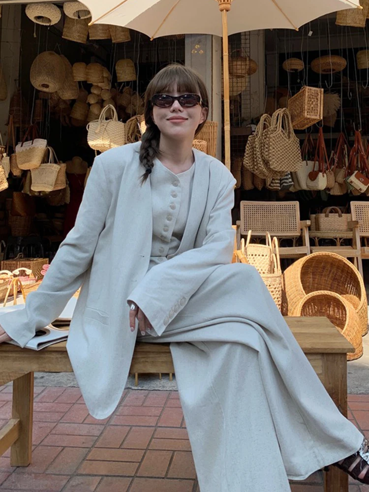 [LANMREM] Linen Blazers For Women V Neck Single Breasted Long Sleeve Office Lady Vintage Jackets 2024 Summer New 26D8950