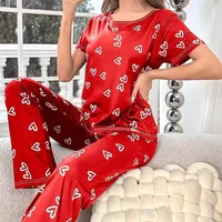 Pyjama rose foncé pour femmes, T-shirt et pantalon à manches courtes avec lettres imprimées, vêtements de nuit, 2 pièces, vêtements de maison décontractés 3