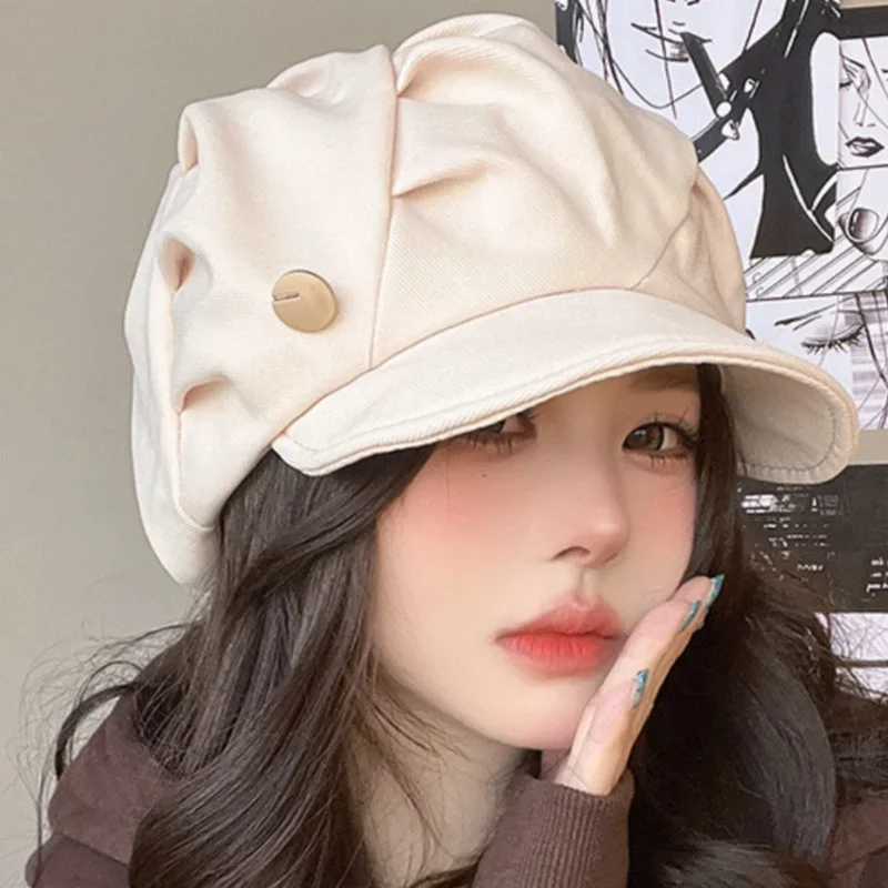 여성용 빈티지 코튼 베레모 모자, 단색 플리츠 베레모 모자, 팔각형 모자, 부드러운 베레모, 화가 모자, 가을 겨울