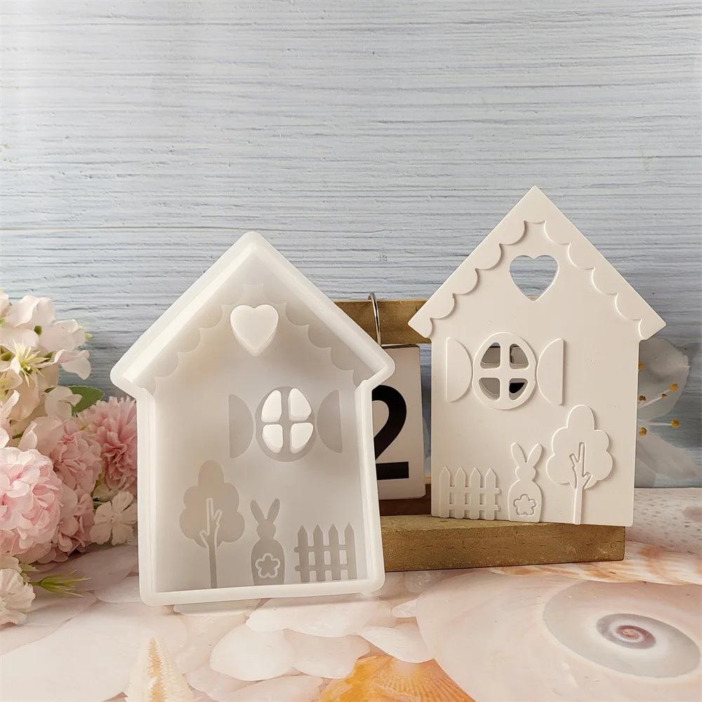 Stampi in silicone per argilla per casa di Pasqua Fai da te fatti a mano Coniglio Albero Recinzione Casa Stampo in gesso Artigianato Arte Regalo Ornamento Stampo in cemento
