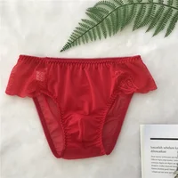 New Plus Size Mid Waist Panties for Men Gay Sexy Underwear Sexy Translucent Lace Satin Silk Briefs Big Pantie Male 1