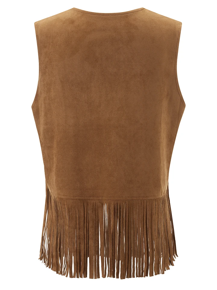 Feclmiyt Womens Fringe Vest Open Front Mouwloos Faux Suede Cowgirl Vest Jas Boho Western Kwastje Gilet Bovenkleding Casual, donkerbruin, M