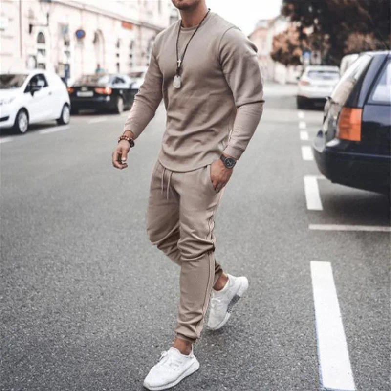 Sportswear Sumer Men's Set Solid Color Tracksuit Sports Suits Male Sweatsuit Long Sleeves T shirt +Pants Printing 2 pc sets