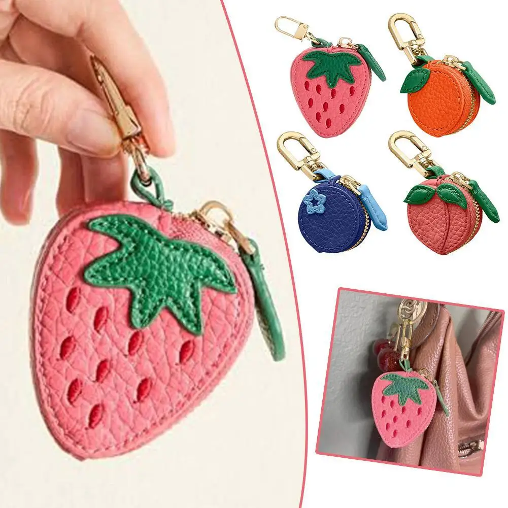 Mini Cherry Fruit Shape Coin Purse Portable Strawberry Blueberry Peach Lemon Cute PU Leather Pouch Wallet Pendant Key Chain Gift