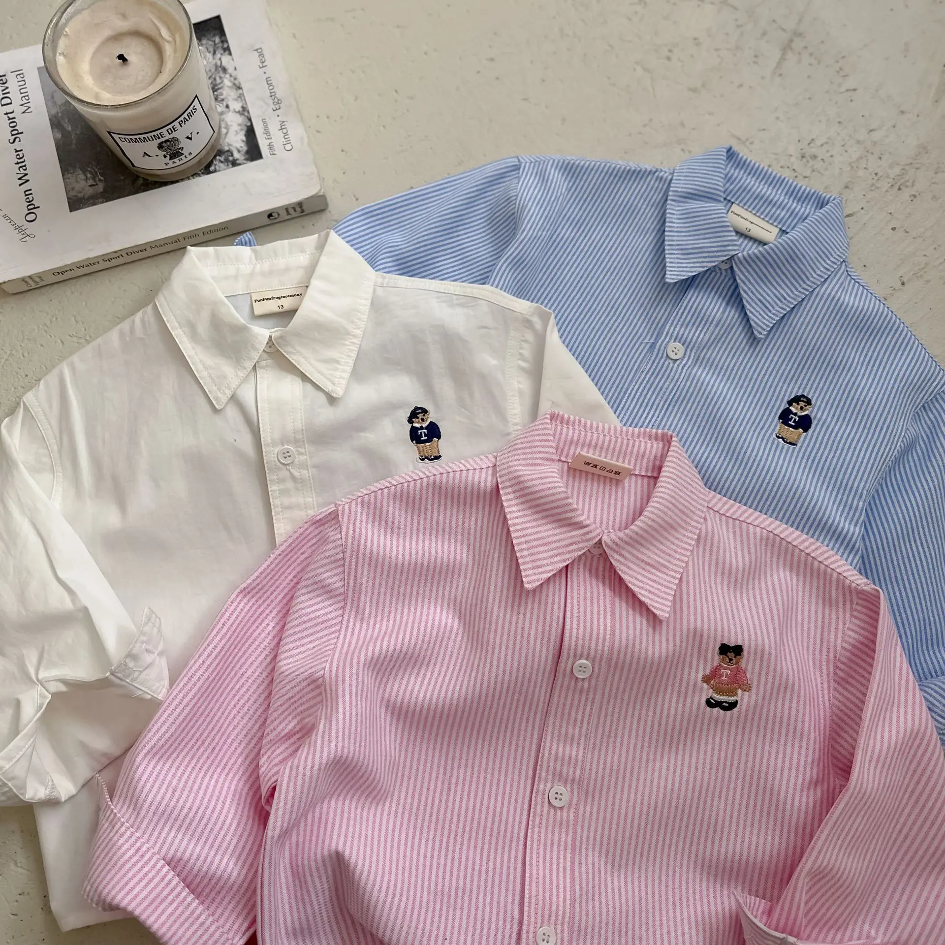 2025 Spring Autumn Girls Boys Casual Stripe Long Sleeve Cotton Blouse with Embroidery Bear Three Colors - Image 2