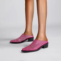 2025 New Mules Baotou Pointed Thick Heel Medium Heel Rhinestone Large Women's Slippers Half Slippers Women Shoes for Women - Image 2
