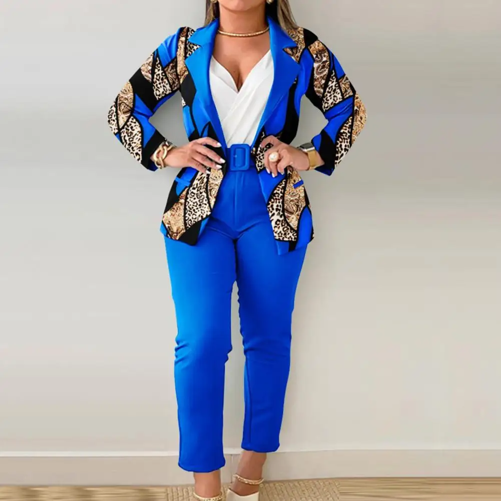 

Women Suit Set with Belt Elegant Women's Suit Set Printed Cardigan Solid Trousers Belted Lapel Neck for Office for Women