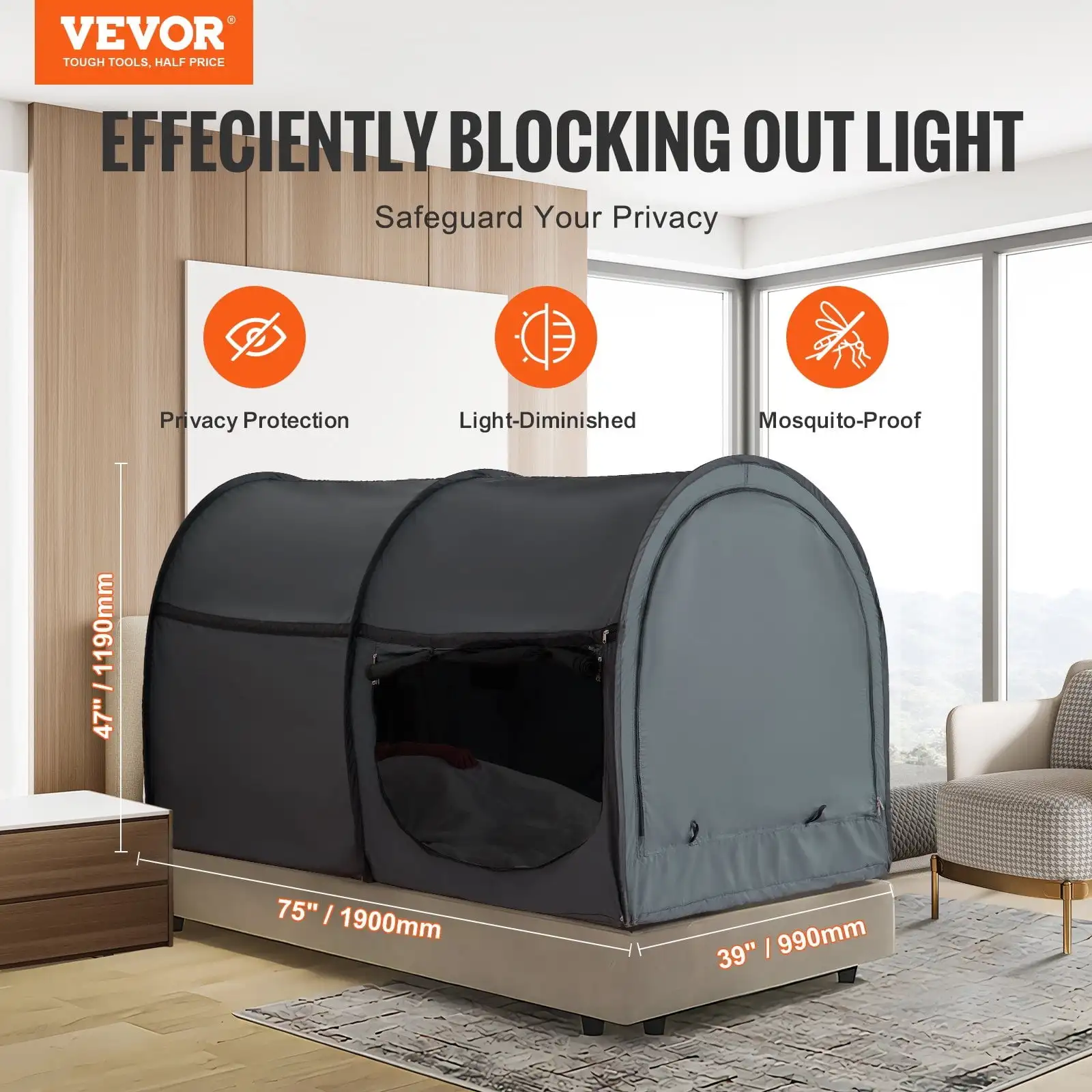 4 Doors Bed Tent Breathable Tent Light Blackout with 0.28 in Fiber Poles