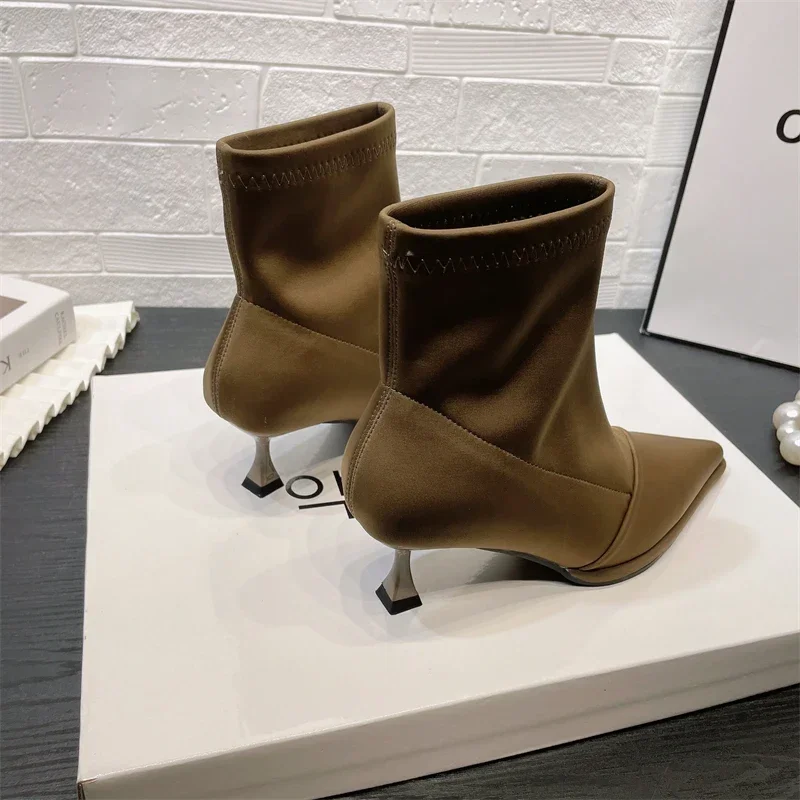 Sexy Pointed Toe High Heels Lady Boots Fashion Elegant Satin Pointed Toe Ankle Boots Famale Thin Stretch Sock Boots Women Shoes