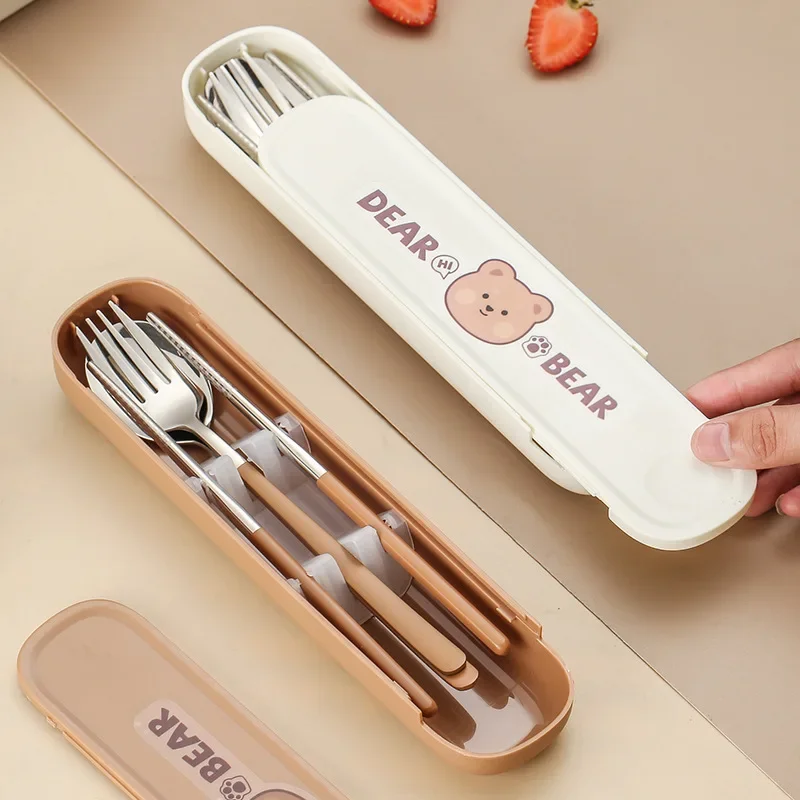 304 Stainless Steel Cartoon Cutlery Set with Case Kids Fork Spoon Portable Cutlery Travel Tableware Reusable Flatware