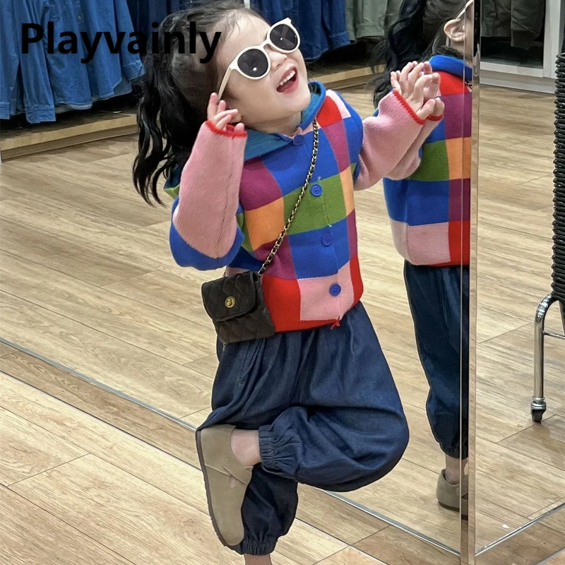 

Korean Style New Spring Autumn Kids Girl Sets Long Sleeves Multicolour Plaid Hooded Sweater Loose Casual Denim Pants H3280