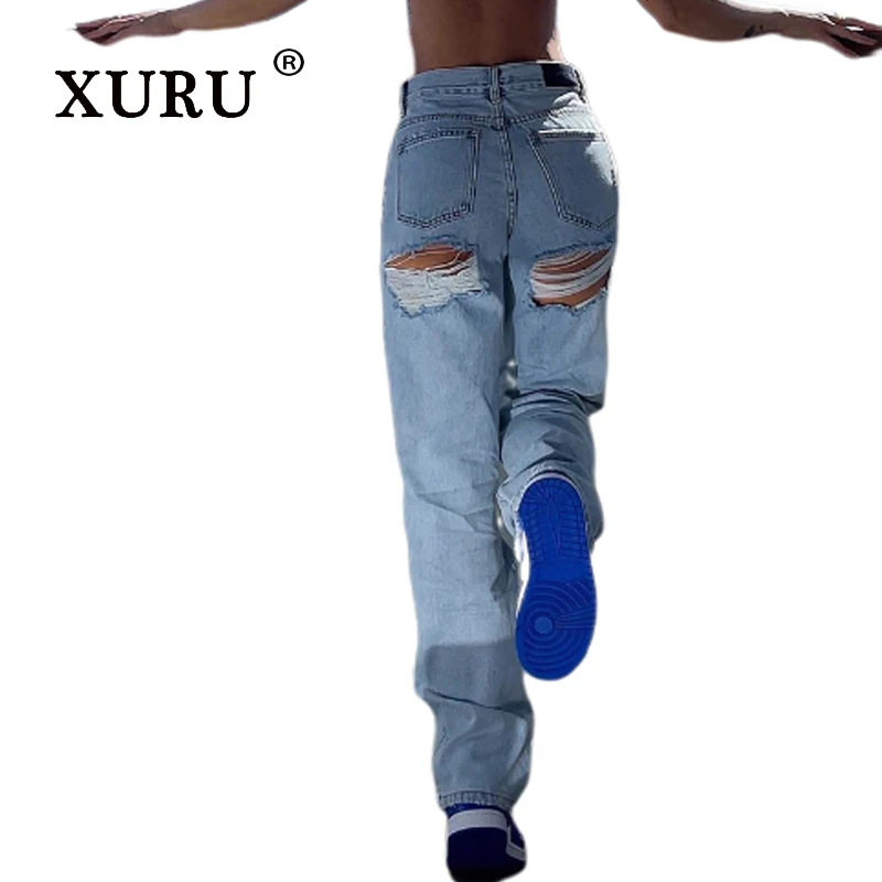 XURU - New Women's High Waisted Ripped Jeans, Fashionable Hot Pants Slim Fit Light Blue Gray Long Jeans Pants 6