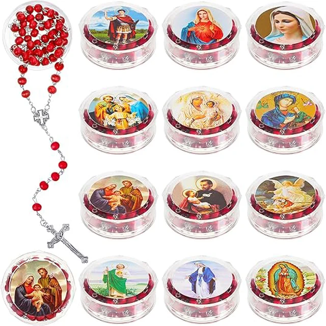 12 chapelets catholiques en bois, cadeaux religieux, chapelets sacrés avec boîtes cadeaux pour la prière, hommes et femmes 1