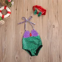 0-8years Baby Girl One_piece Swimsuit Shellfish Scale Mermaid Print Lace-Up Swimwear For Girls Summer Bodysuit Bathing Suit 1