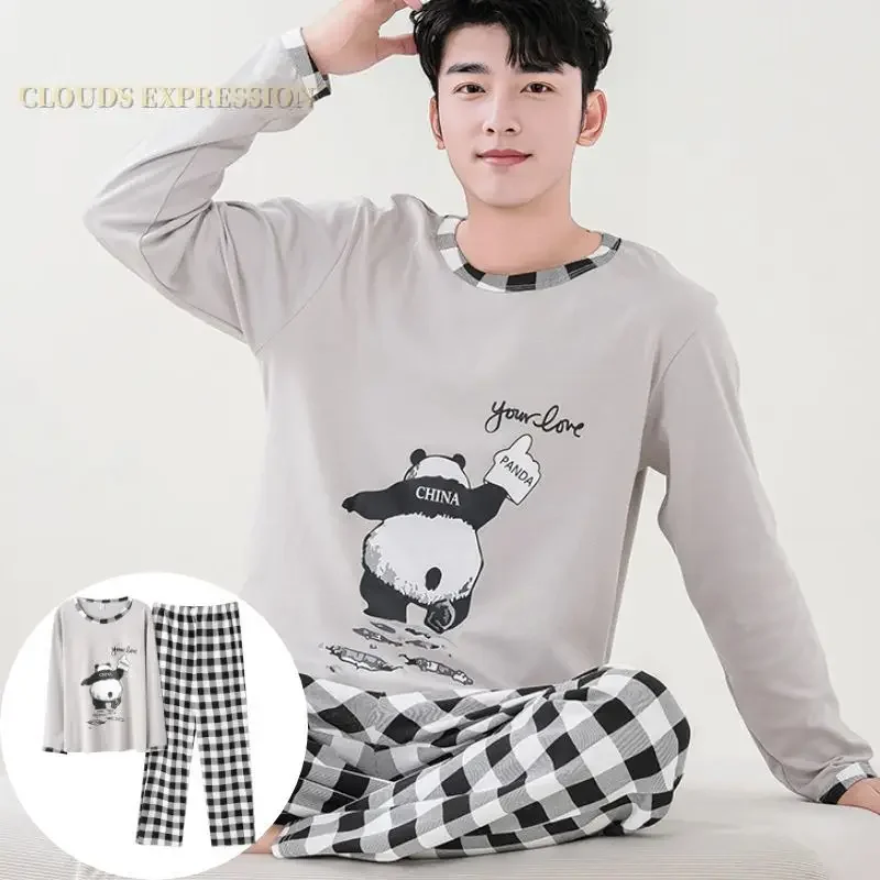 Autumn Winter Men's Cotton Pajamas Letter Plaid Sleepwear Cartoon Pajama Sets Casual Sleep&Lounge Pyjamas Plus Size 4XL Pijama