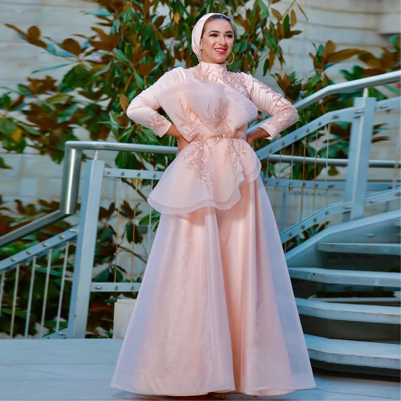 

Blush Pink Muslim Prom Dresses High Neck Long Sleeve Beading Evening Party Gown Ankle Length Arabic Dubai Robe De Soiree