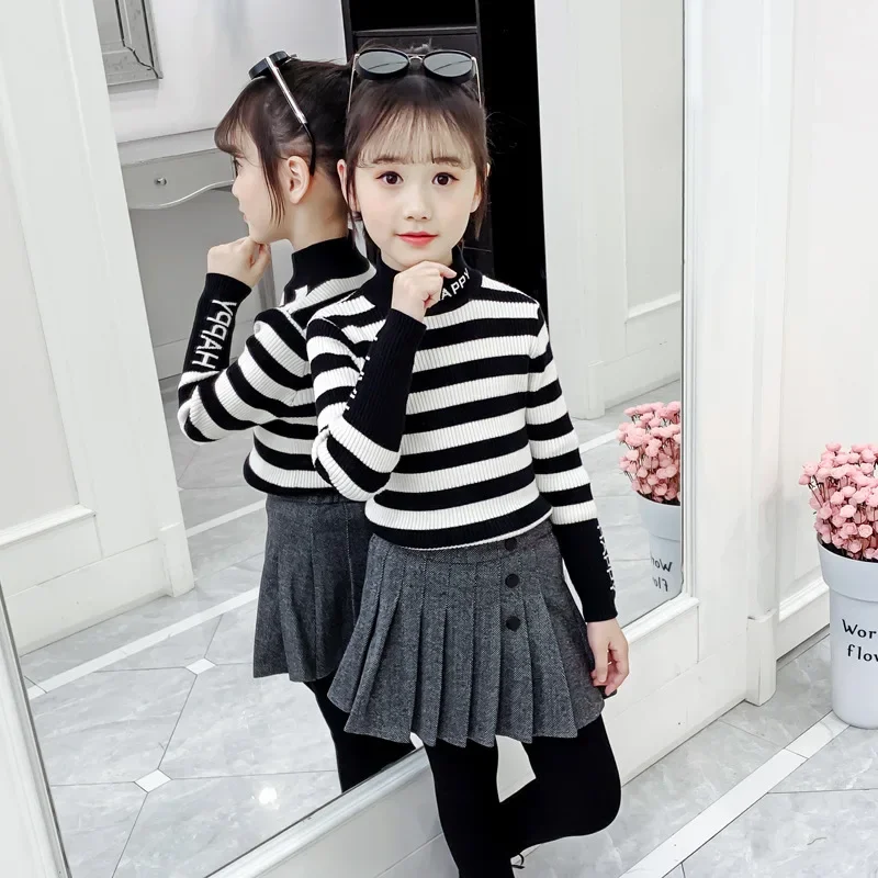 

Корейский свитер с длинным рукавом для девочек, весна-осень 2024, Базовая рубашка для начальной школы, Повседневный пуловер для девочек, свитер, вязаный Топ