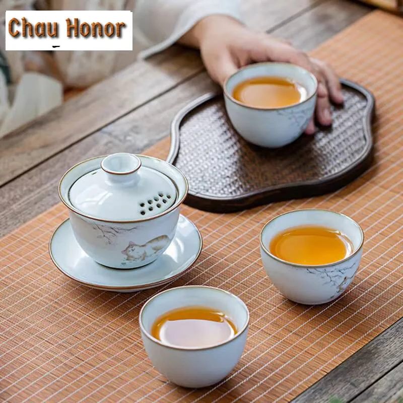 160ml Cute Cat Ru Kiln Porcelain Gaiwan Elegant Tea Tureen Tea Bowl with Lid Kit Tea Maker Cover Bowl Kung Fu Tea Set Ornaments