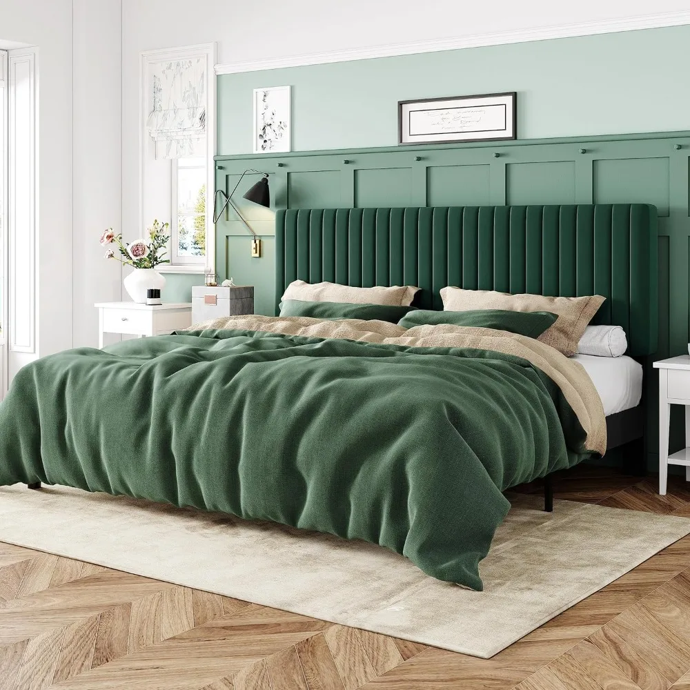

King Bed Frame, Velvet Upholstered Platform Bed with Adjustable Vertical Channel Tufted Headboard