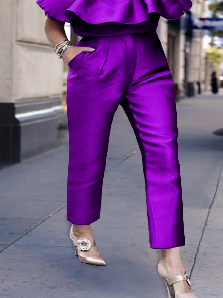 Women Purple Capris Pants Elastic Waist Shiny Pencil Trousers Office Work Lady Ankle Length Summer Bottoms 4XL Capris Plus Size шапка buff crossknit hat purple us one size 132891 605 10 00