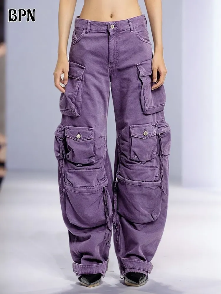 BPN Fashion Cargo Jeans For Women High Waist Patchwork Pockets Solid Loose Vintage Wide Leg Denim Pants Female Clothes New Style