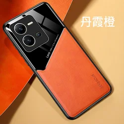 Premium Magnetic Leather Glass Phone Case - Ultra Thin Soft Matte Finish with Camera Protector for V25 Pro (Orange)