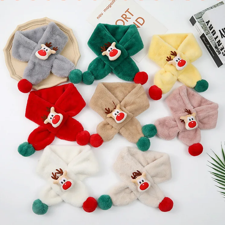 New lovely imitation rabbit plush children's scarf autumn and winter double ball cartoon red nose deer Christmas warm bib rabbit fur scarf