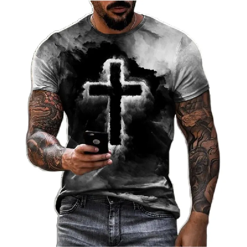 

New Fashion Personality Men's T-Shirt Christian Cross Pattern 3D Printed Retro Short Sleeve O Neck Quick Dry High Quality Top