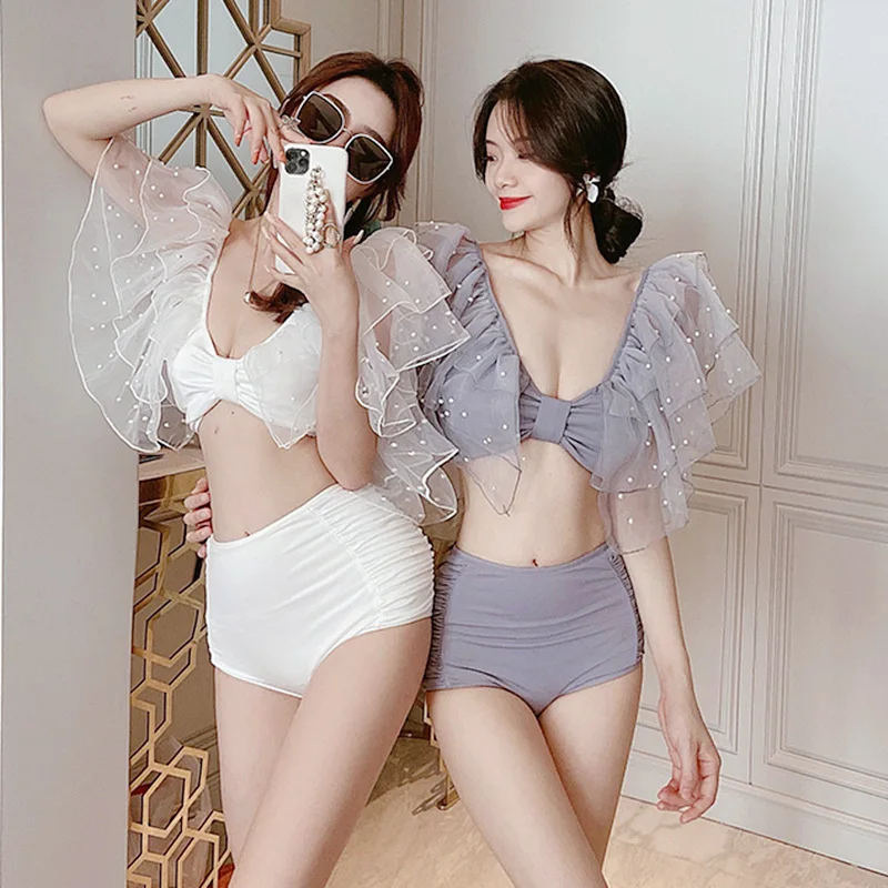 

2023 New Net Red Vintage Pearl Bikini Gathers Two Piece's Swimsuit Belly Shows Thin Split Sexy Backless Hot Spring Swimwear Girl