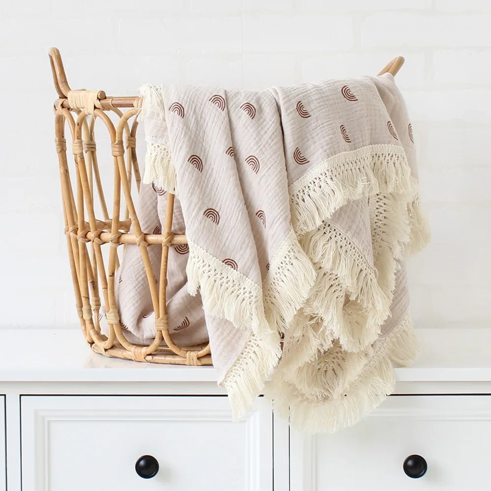 Muslin Baby Blanket Cotton Newborn Tassel Receiving Blanket Baby Stuff Infant Swaddle Blanket Babies Sleeping Quilt Bed Cover 4