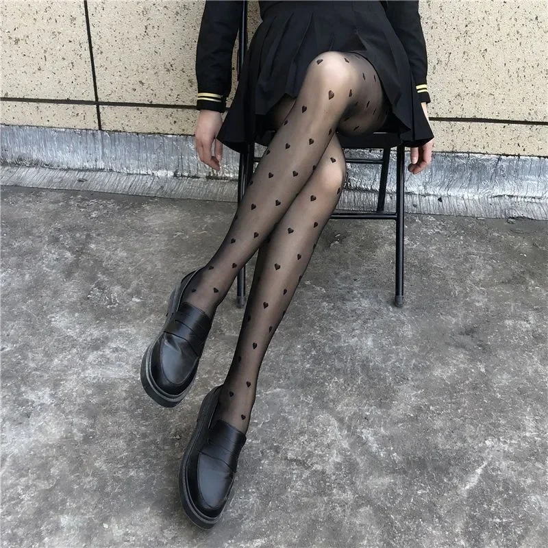 Women Sexy Black Stockings Heart Polka Dot Lolita Pantyhose Tight High Socks Female Good Elastic Stockings Erotic Lingerie