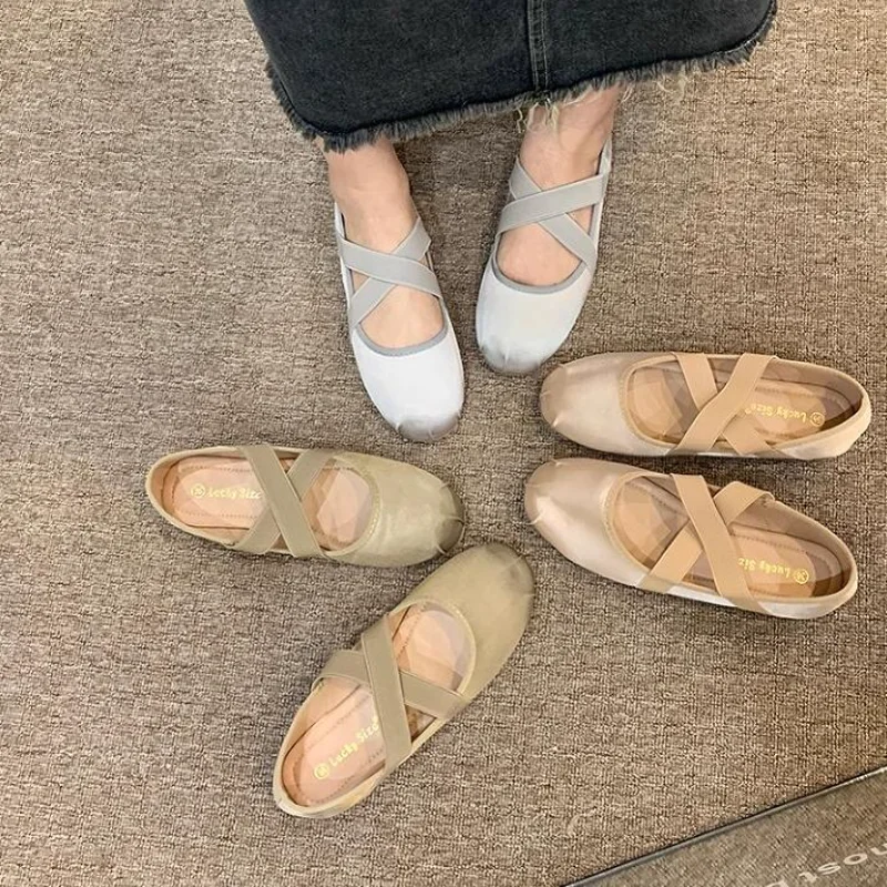 

2023 NEW Retro Classic Silk Cross Elastic Bandage Ballet Shoes Women Round Toe Cross Tied Women Flats Elegant Valentine Shoes