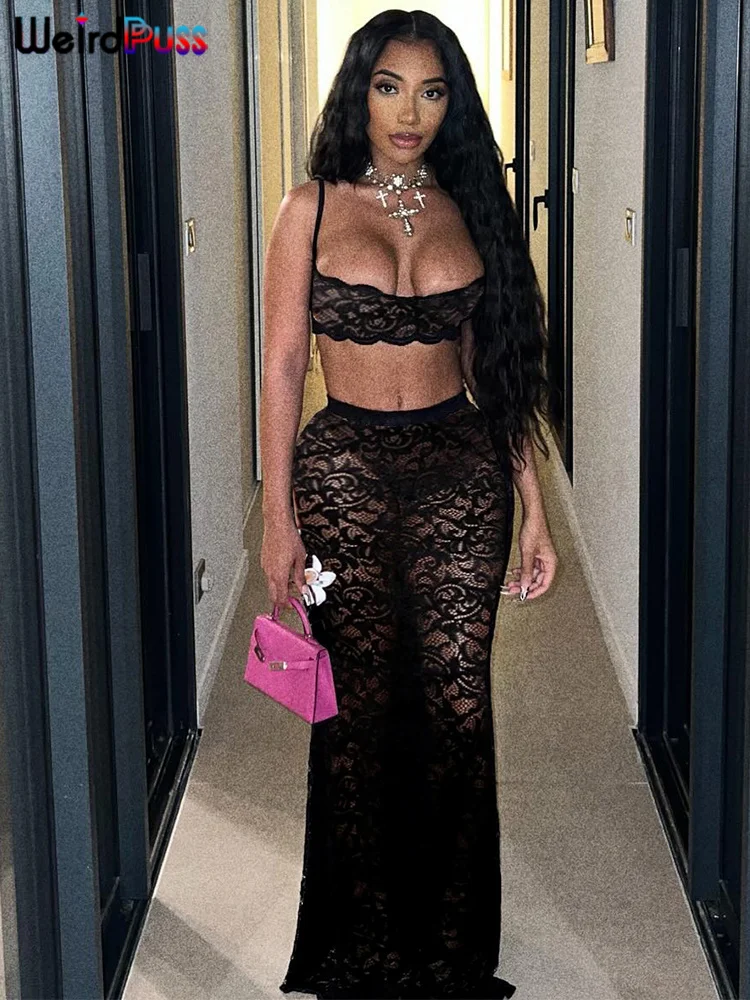 Weird Puss Sexy Mesh 2 Piece Set Women Hipster Midnight Summer Trend Mini Camisole+Skirts Stretch Nightclub Party Matching Suits 3
