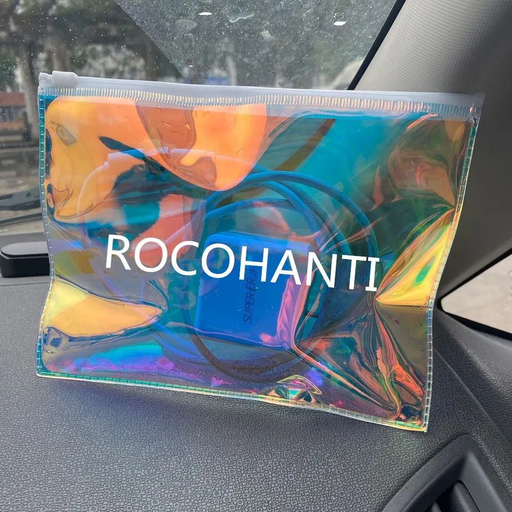 50pcs Custom Logo Printed Transparent PVC Holographic Laser Zipper Bags