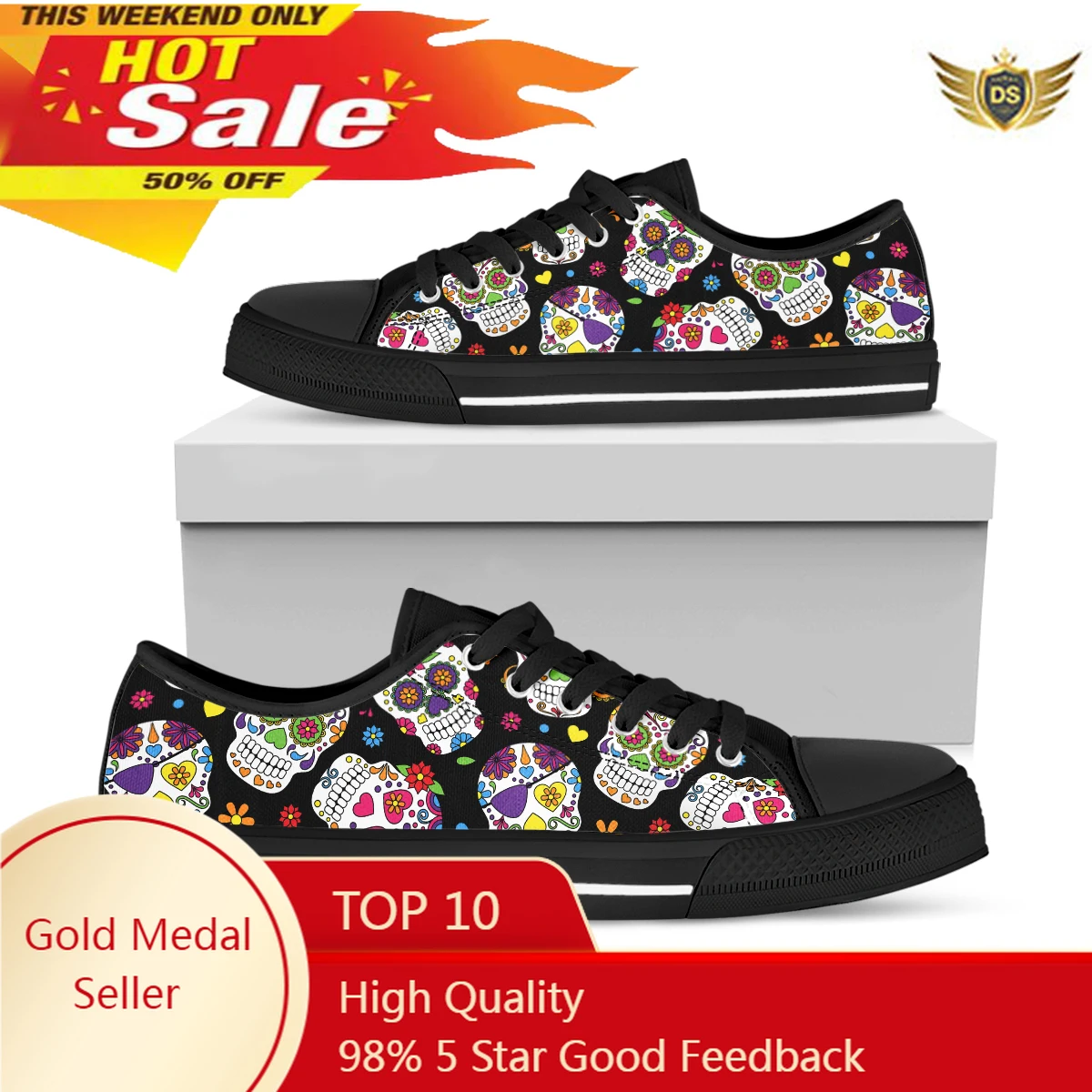 Black Candy Sugar Skull Print Canvas Sneakers Women Shoes Couple Canvas Shoe Casual Women Sport Shoes Lace-Up Flats