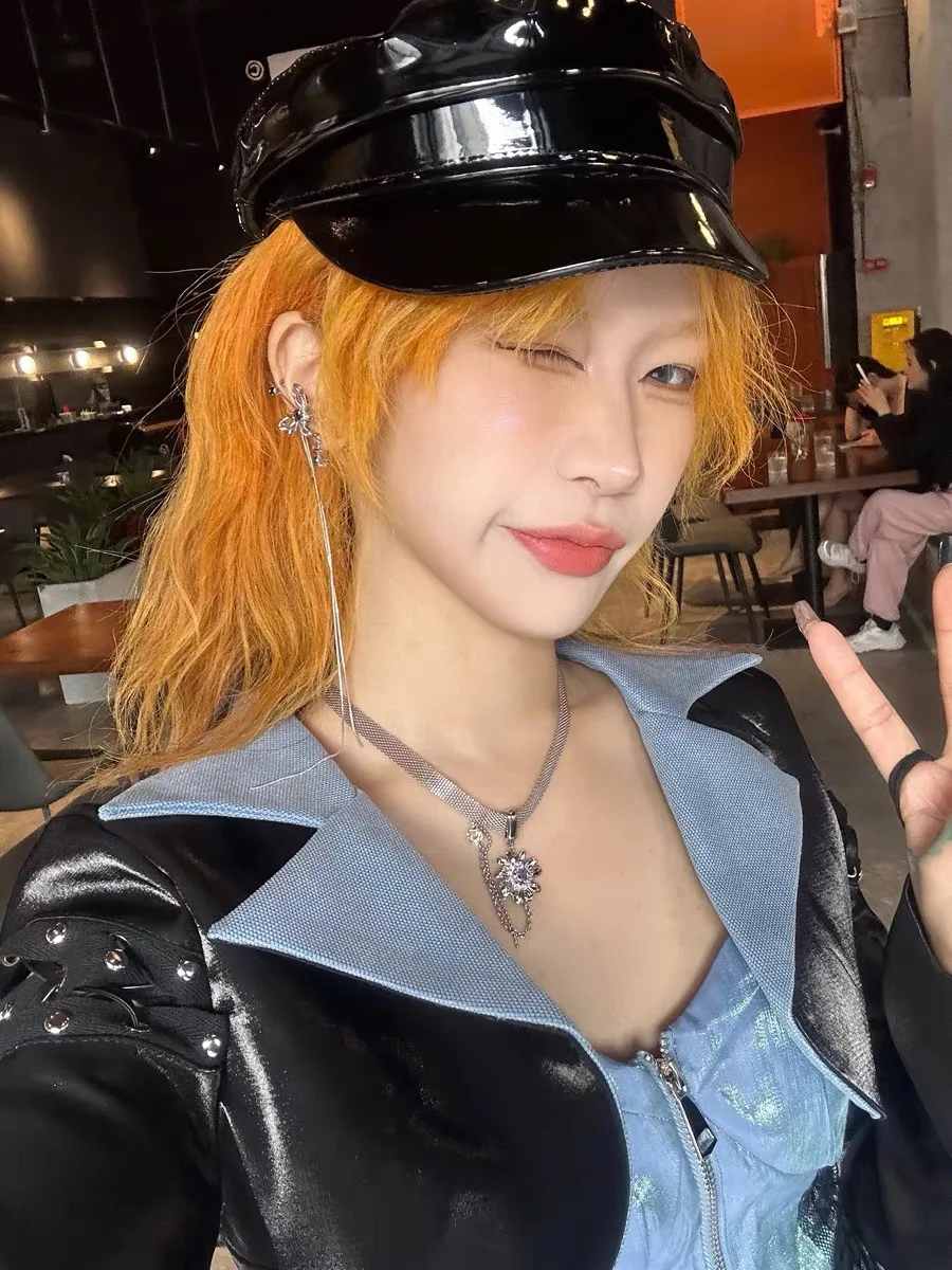 帽子 y2k kitty military cap Y2K Shibuya Hottie Glossy Patent Leather Military Style Cap