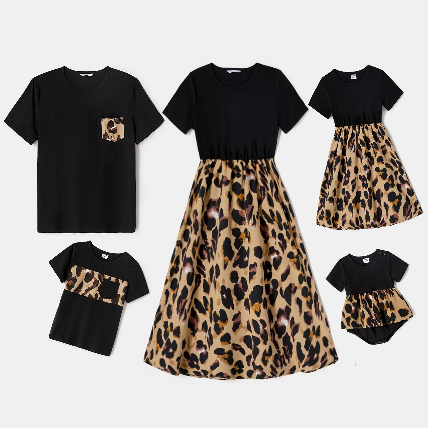 Patpat Family Matching Leopard Print Spliced Midi Dresses And Black