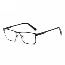 Men's Large Square Metal Frame Myopia Glasses with Blue Light Blocking and Spring Hinges (Black)