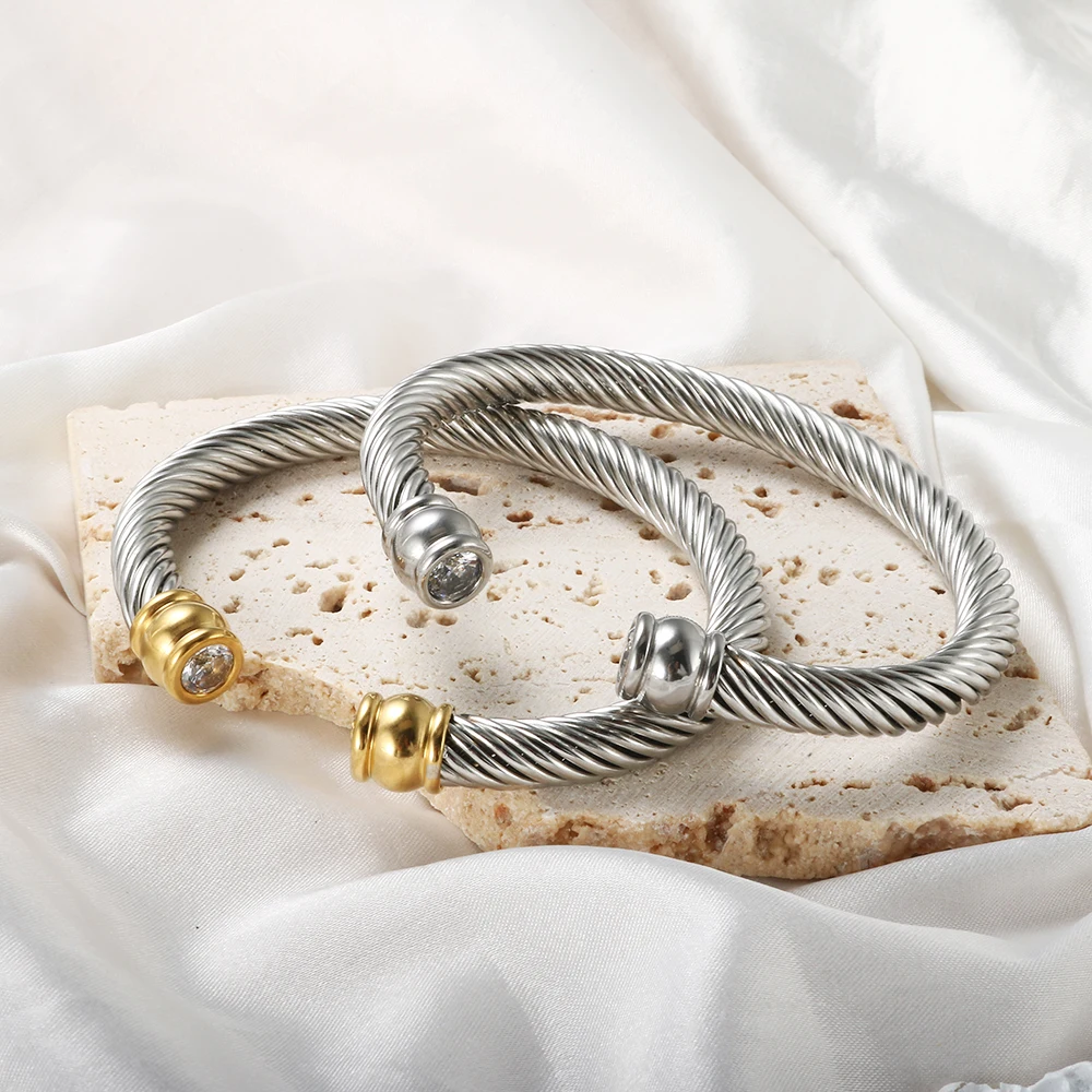Trendy Luxury Stackable Open Cuff Bangle Cubic Zirconia Interweaving Cable Bracelet for Women Men Stainless Steel Jewelry,bangle bracelet,stainless steel bracelet,zircon bracelet,zirconia bangle