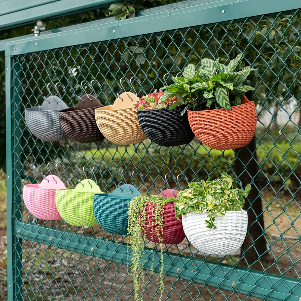 Wall-mounted Plastic Imitation Rattan Wall Hanging Basket Flower Pot 1PC For Outdoor Garden Balcony