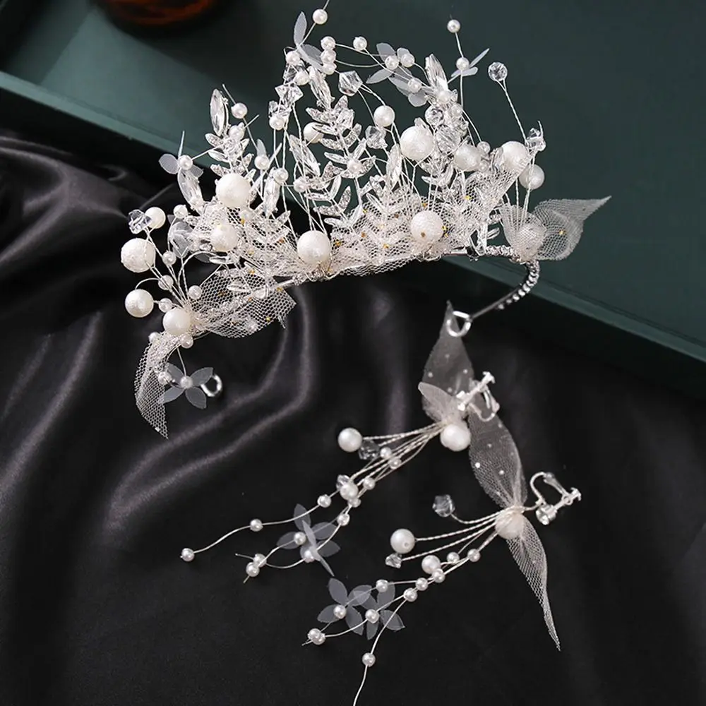 

Earrings Pearl Princess Hairbands Bridal Headband Tiara Rhinestone Headwear Flower Wedding Headdress Bridal Crown Earrings Set