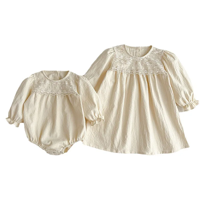 

Kids Girls Dress Autumn New Korean Sister Girls Cotton Lace Stand-up Baby Rompers